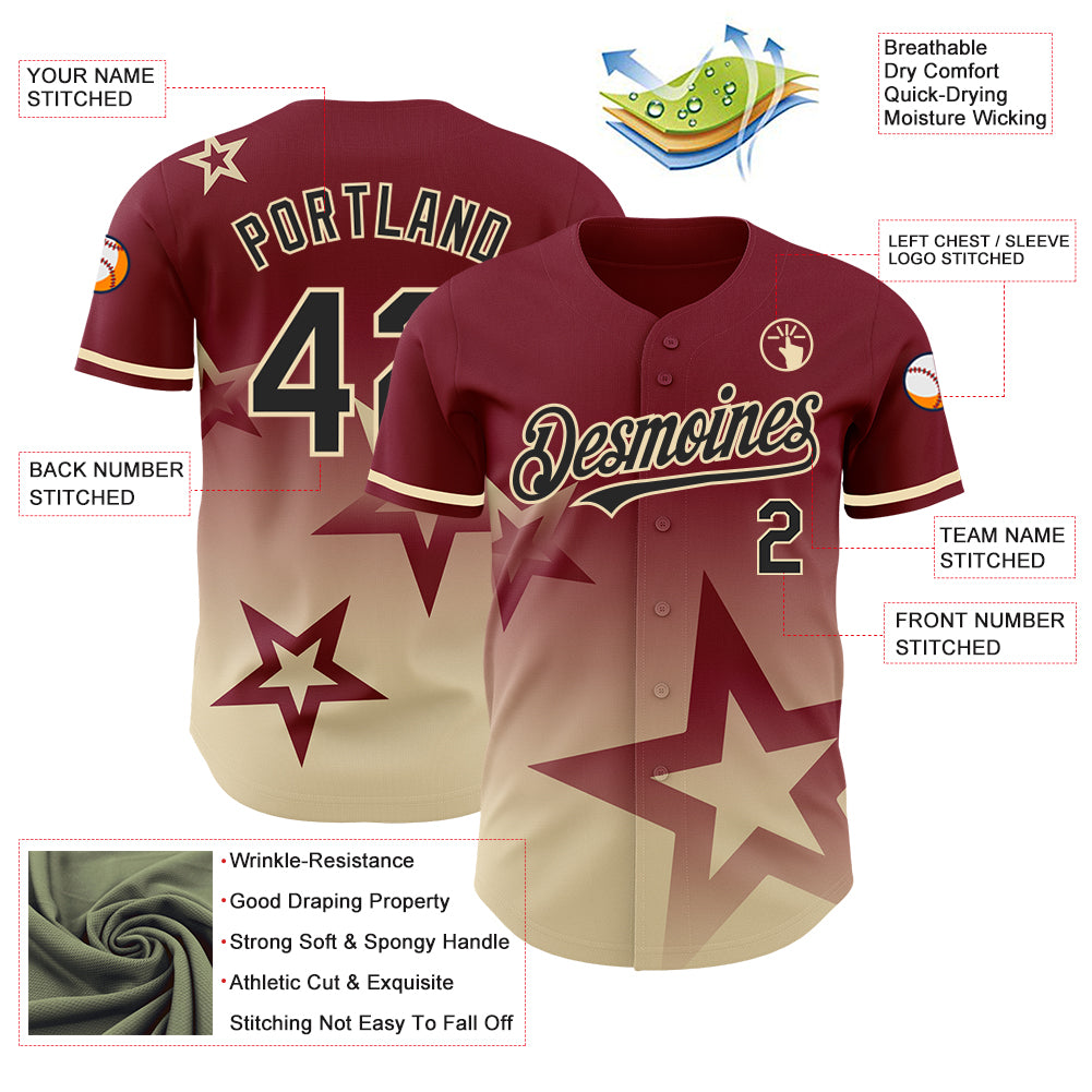 Custom Crimson Black-Cream 3D Pattern Design Gradient Style Twinkle Star Authentic Baseball Jersey
