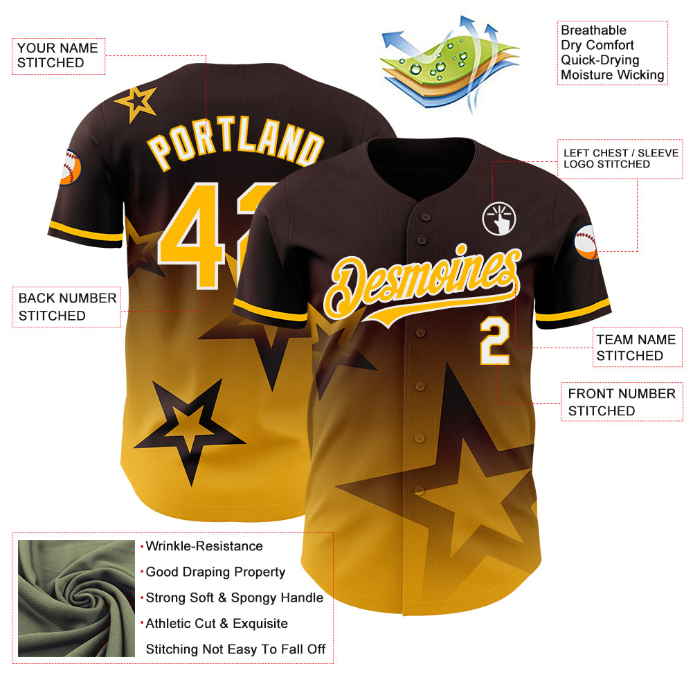 Custom Brown Gold-White 3D Pattern Design Gradient Style Twinkle Star Authentic Baseball Jersey