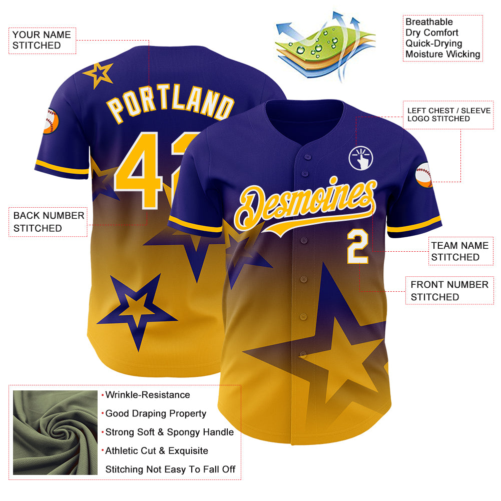 Custom Dark Purple Gold-White 3D Pattern Design Gradient Style Twinkle Star Authentic Baseball Jersey