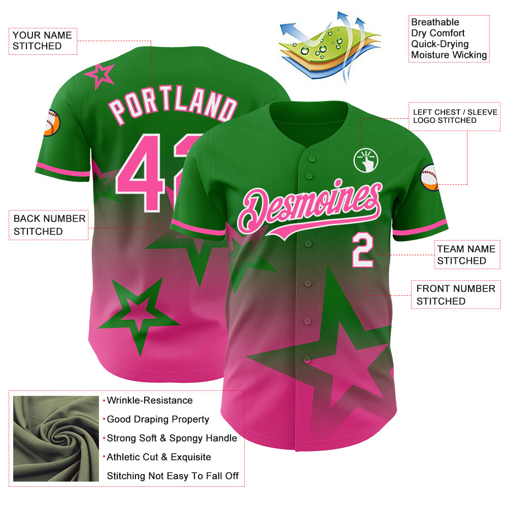 Custom Grass Green Pink-White 3D Pattern Design Gradient Style Twinkle Star Authentic Baseball Jersey