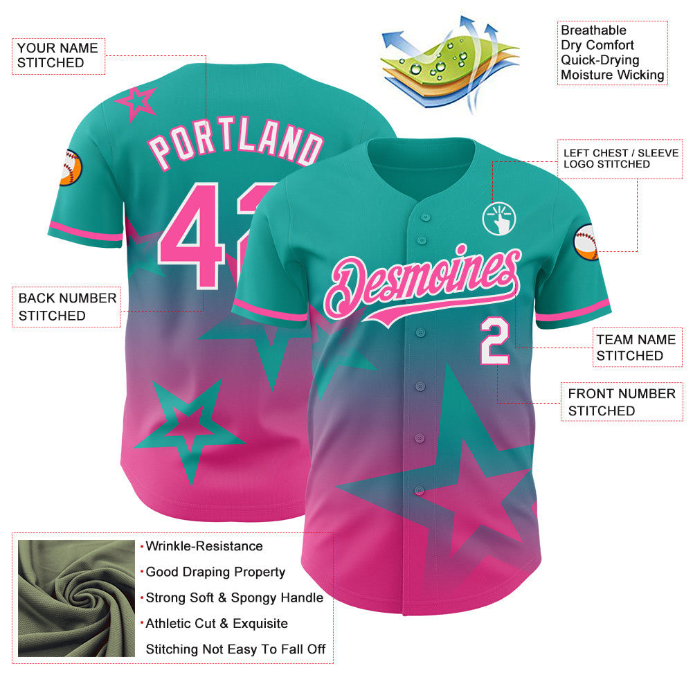 Custom Aqua Pink-White 3D Pattern Design Gradient Style Twinkle Star Authentic Baseball Jersey
