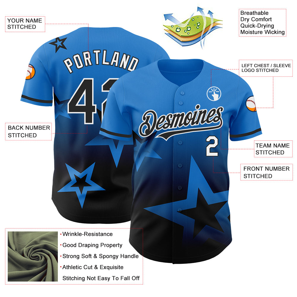 Custom Electric Blue Black-White 3D Pattern Design Gradient Style Twinkle Star Authentic Baseball Jersey