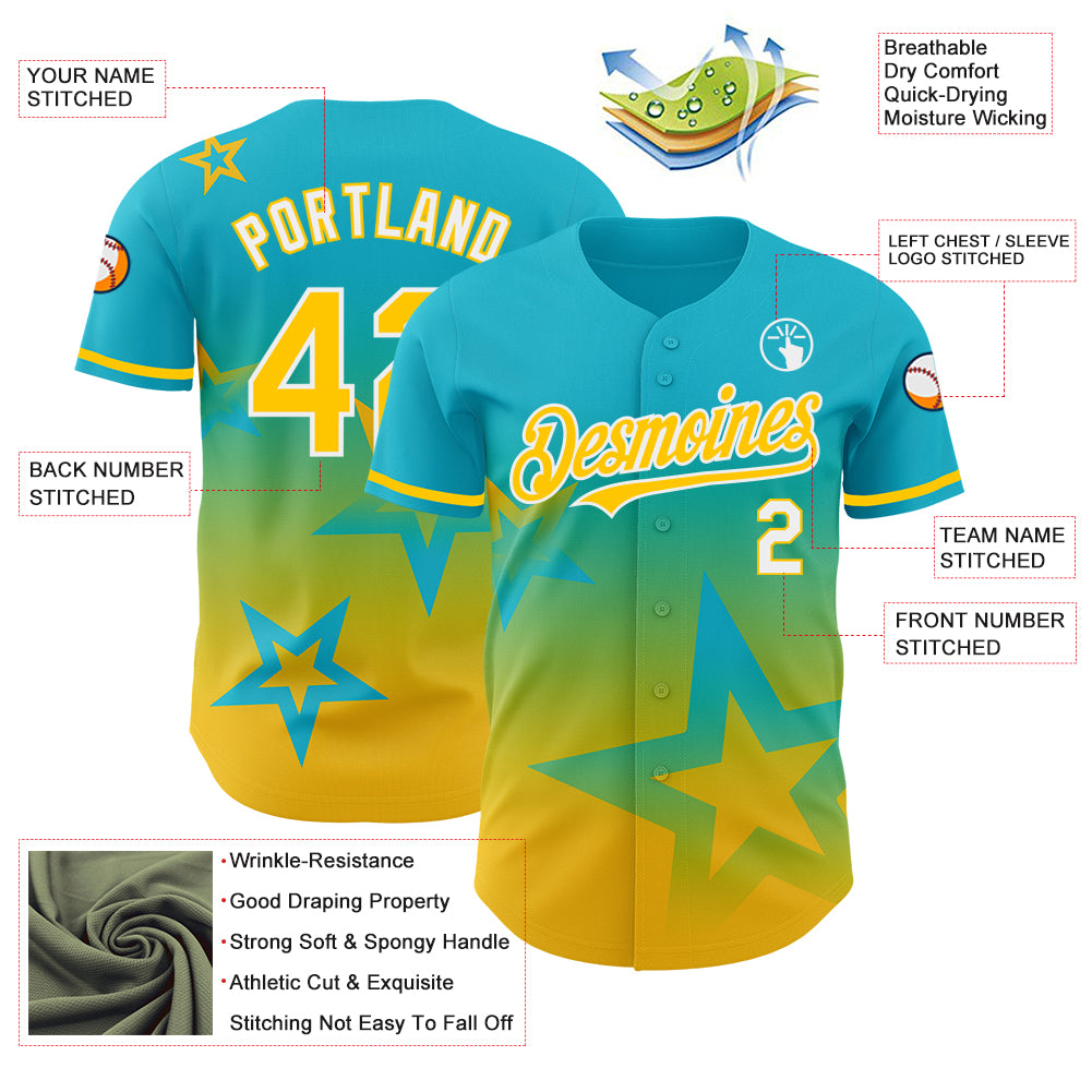 Custom Lakes Blue Yellow-White 3D Pattern Design Gradient Style Twinkle Star Authentic Baseball Jersey