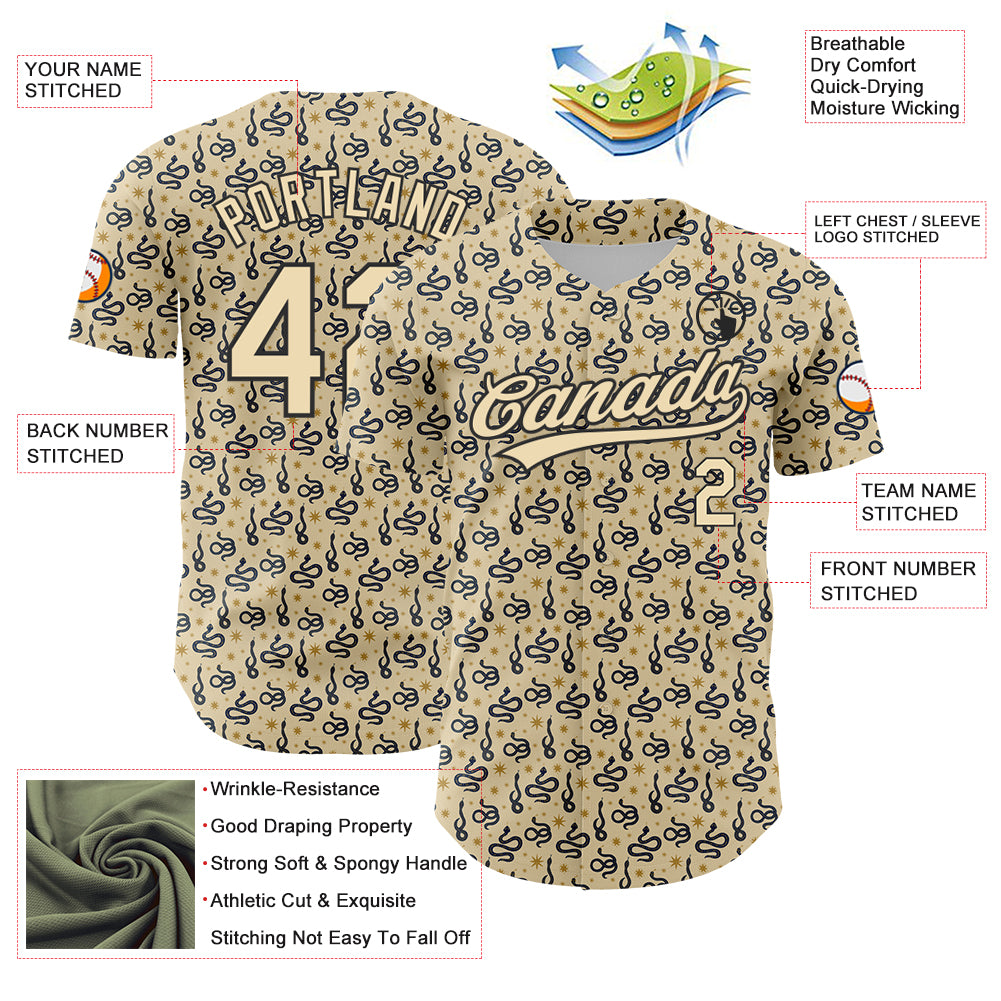 Custom Cream Black 3D Pattern Design Animal Snake Authentic Baseball Jersey