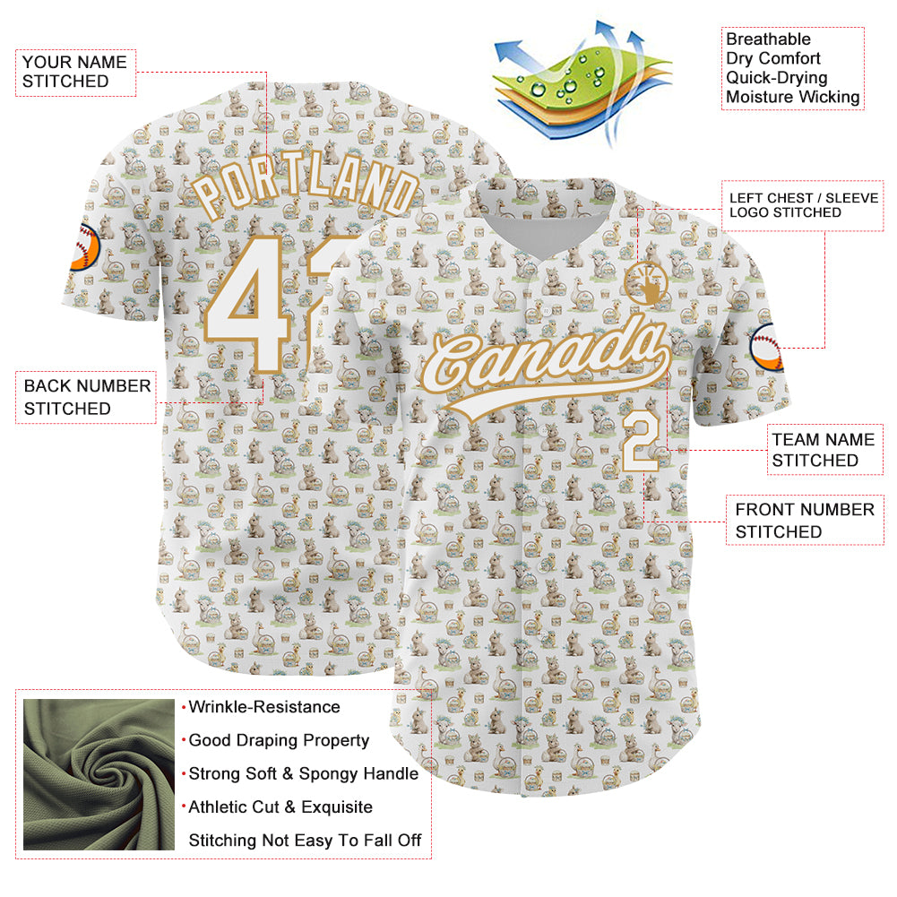 Custom White Old Gold 3D Pattern Design Animal Rabbit Sheep Chicken And Duck Authentic Baseball Jersey