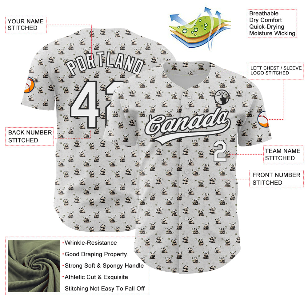 Custom White Black 3D Pattern Design Animal Panda Authentic Baseball Jersey