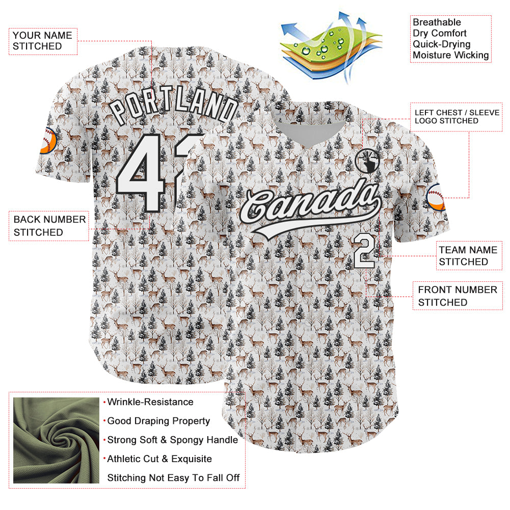 Custom White Black 3D Pattern Design Animal Deer Authentic Baseball Jersey