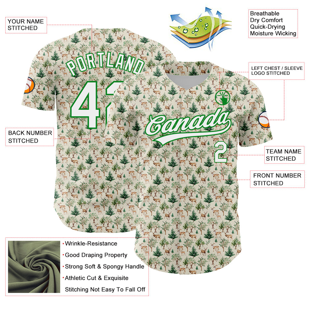 Custom Cream White-Grass Green 3D Pattern Design Animal Deer Authentic Baseball Jersey