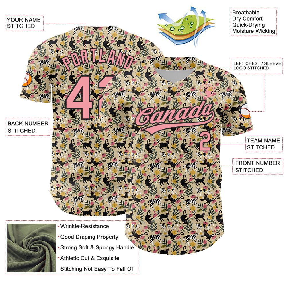 Custom Cream Medium Pink-Black 3D Pattern Design Animal Cat Authentic Baseball Jersey