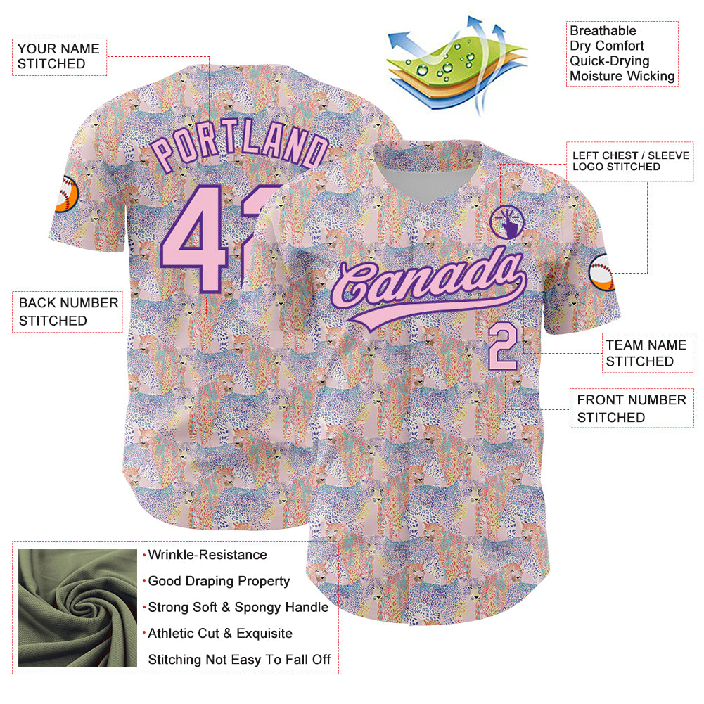 Custom Light Pink Purple 3D Pattern Design Animal Leopard Authentic Baseball Jersey
