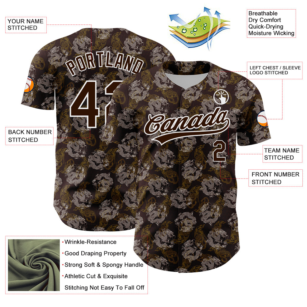 Custom Brown White 3D Pattern Design Animal Loongfeng Authentic Baseball Jersey