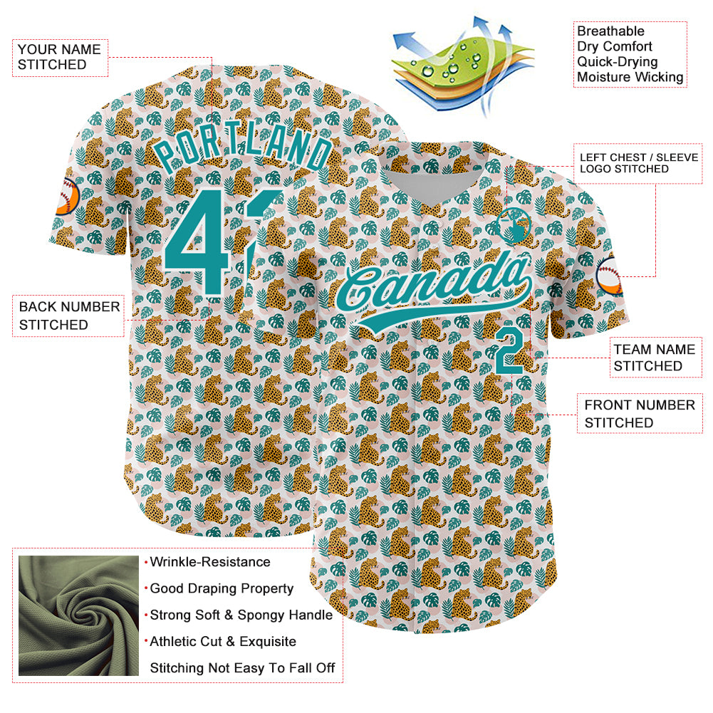 Custom White Teal 3D Pattern Design Animal Leopard Authentic Baseball Jersey