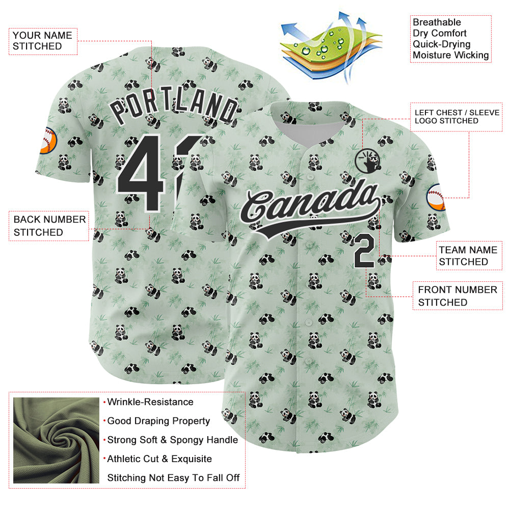 Custom Green Black-White 3D Pattern Design Animal Panda Authentic Baseball Jersey
