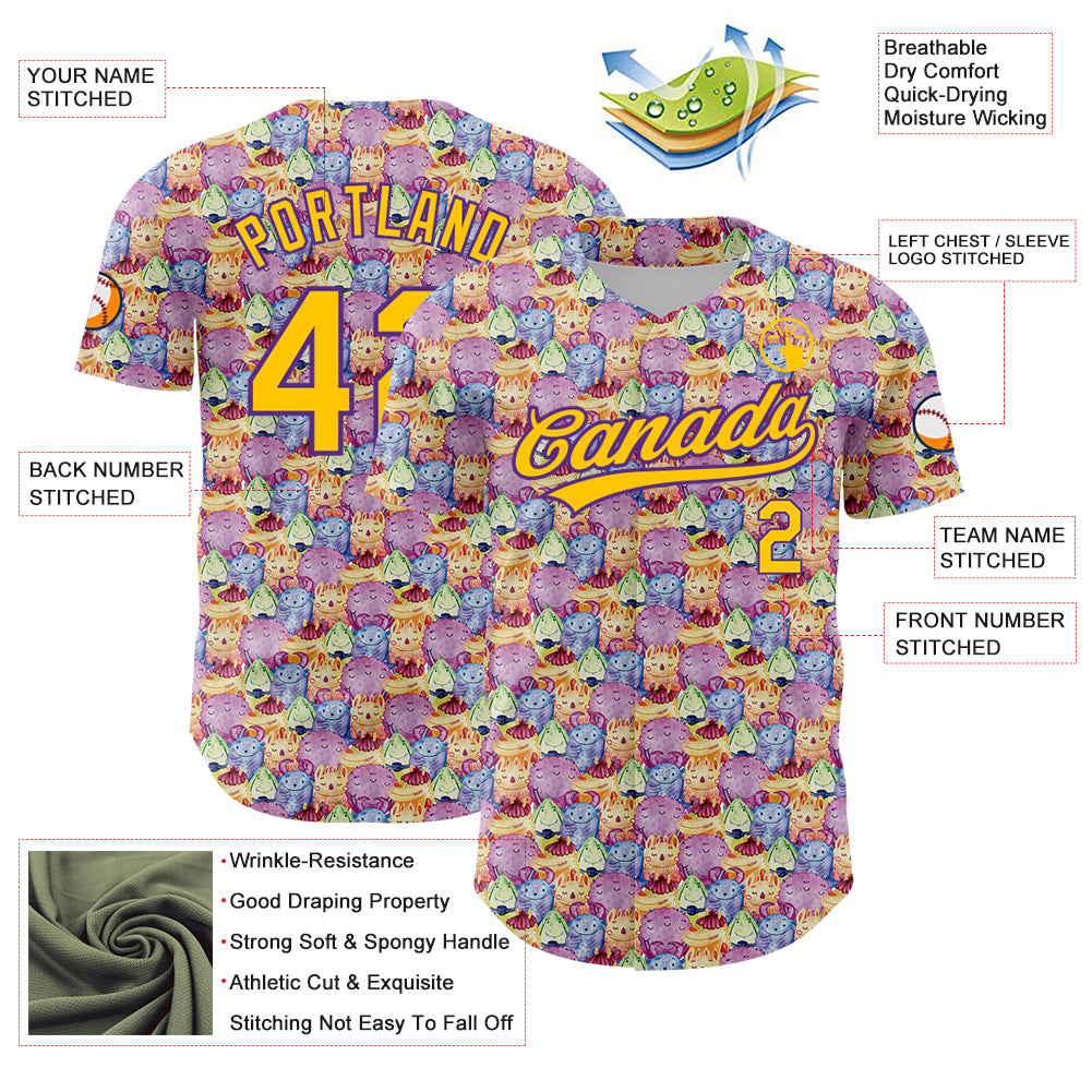 Custom Pink Yellow-Purple 3D Pattern Design Animal Funny Monster Authentic Baseball Jersey