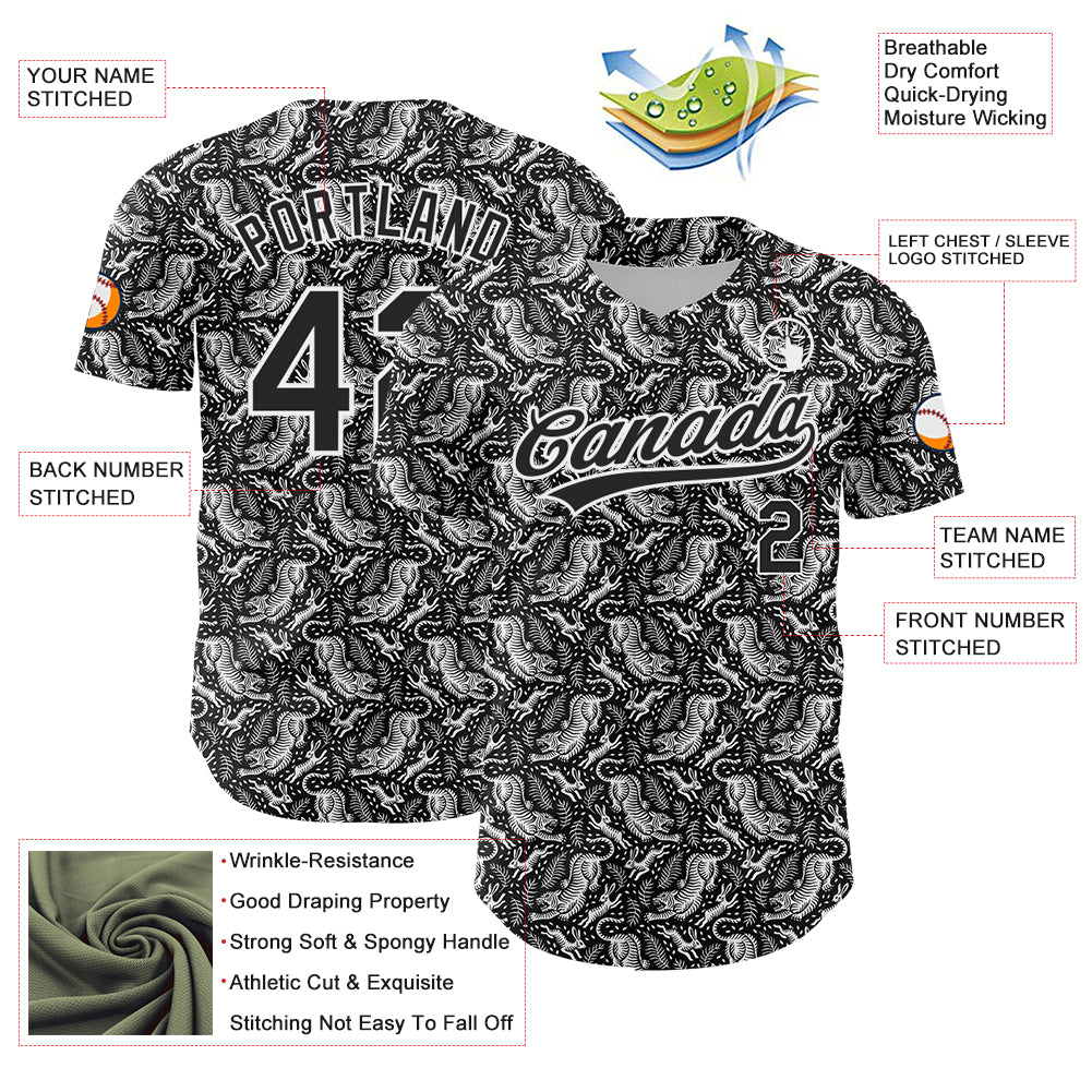 Custom Black White 3D Pattern Design Animal Tiger And Rabbit Authentic Baseball Jersey