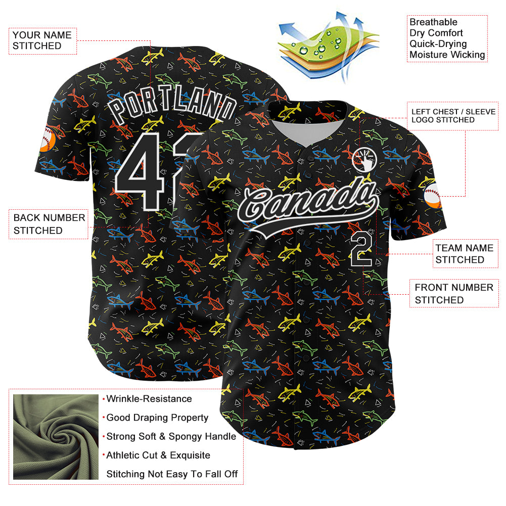 Custom Black White 3D Pattern Design Animal Fish Authentic Baseball Jersey
