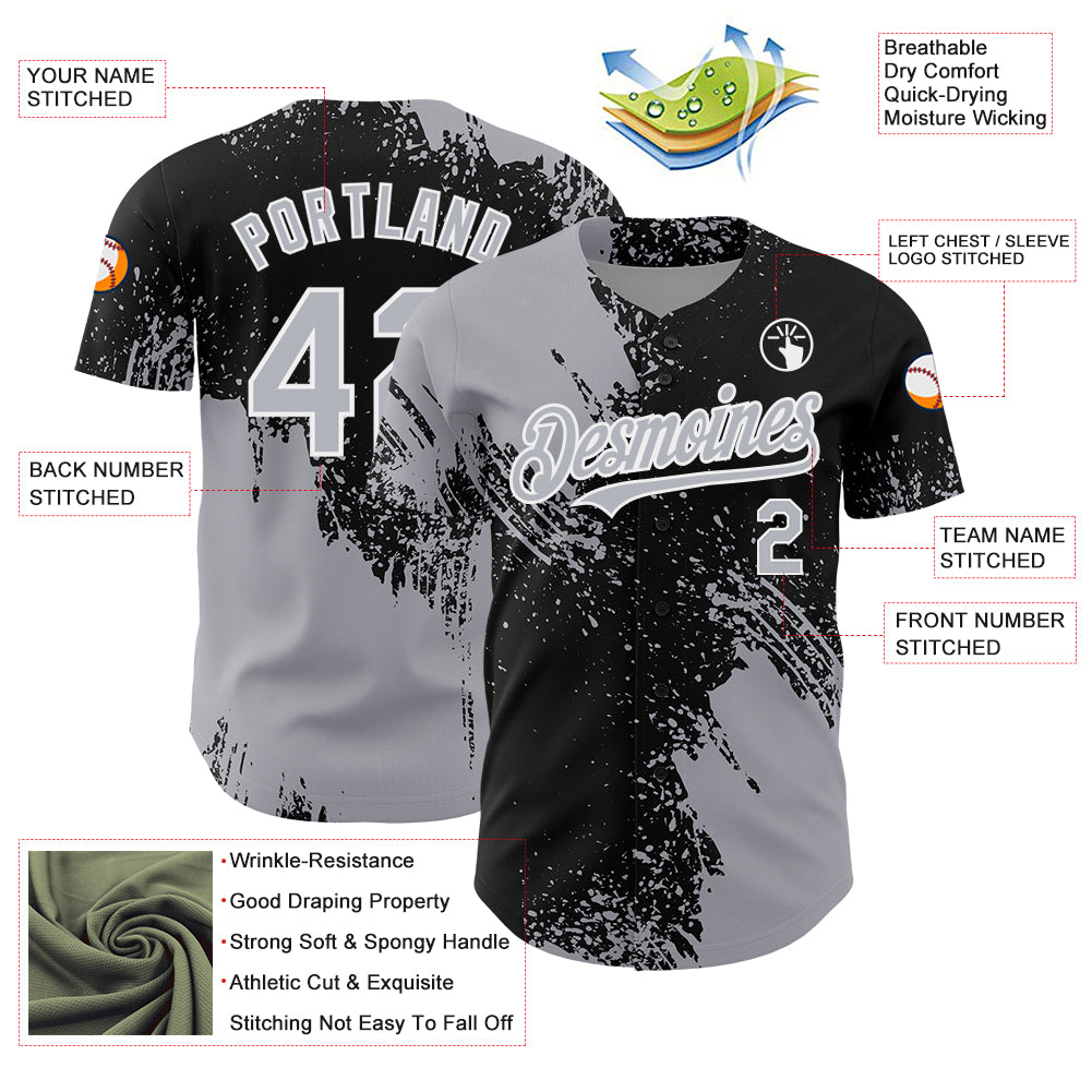 Custom Gray Black-White 3D Pattern Design Abstract Brush Stroke Authentic Baseball Jersey
