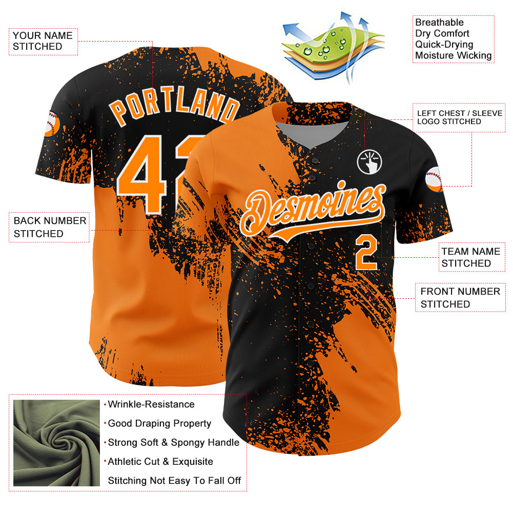 Custom Bay Orange Black-White 3D Pattern Design Abstract Brush Stroke Authentic Baseball Jersey