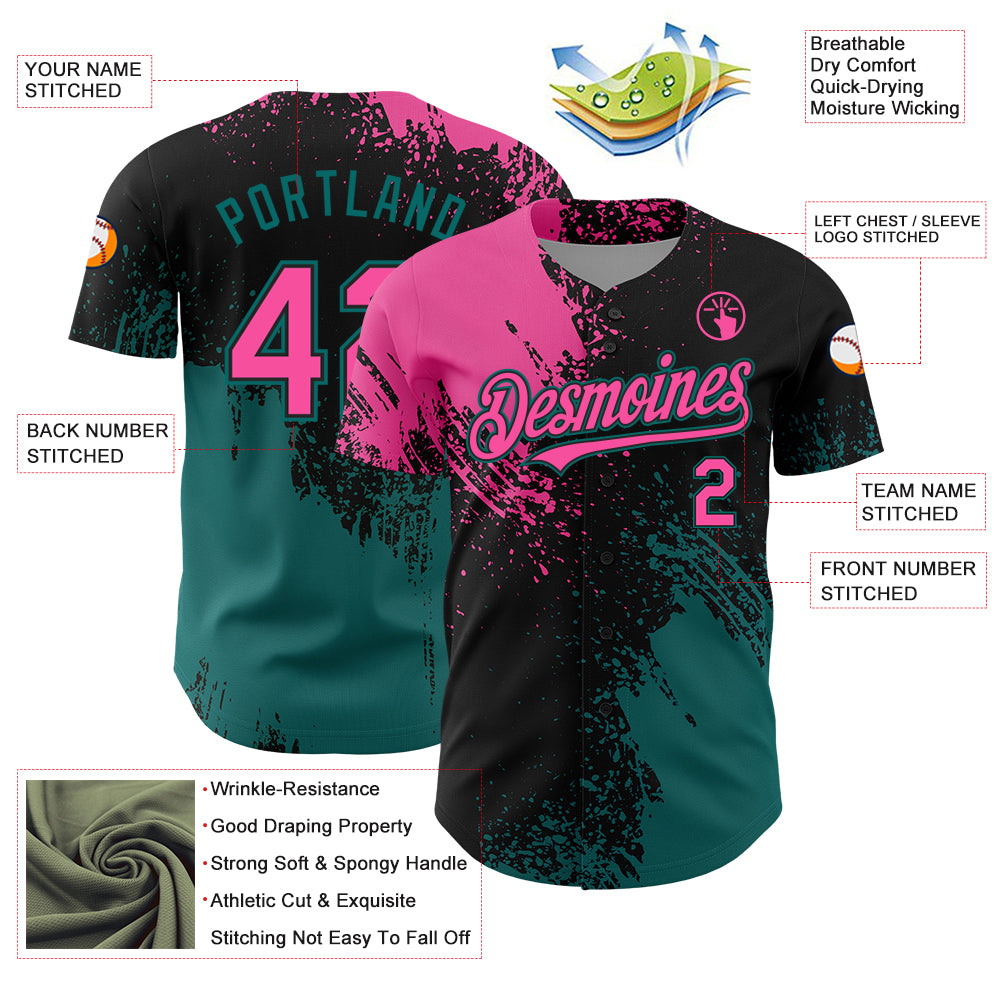 Custom Pink Black-Teal 3D Pattern Design Abstract Brush Stroke Authentic Baseball Jersey