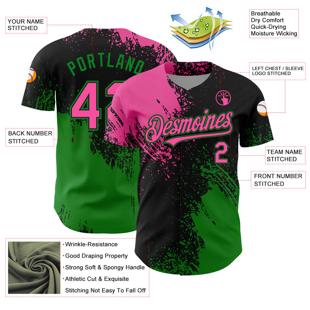 Custom Pink Black-Grass Green 3D Pattern Design Abstract Brush Stroke Authentic Baseball Jersey