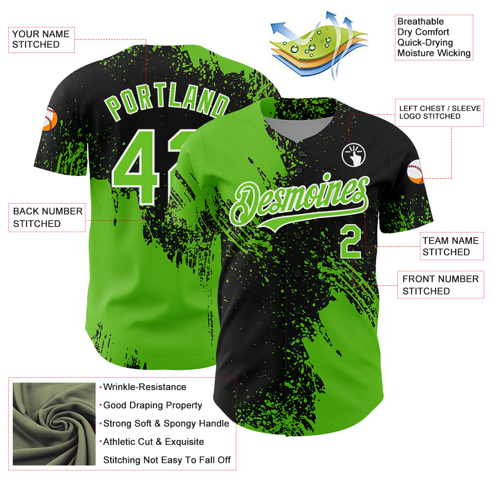 Custom Aurora Green Black-White 3D Pattern Design Abstract Brush Stroke Authentic Baseball Jersey