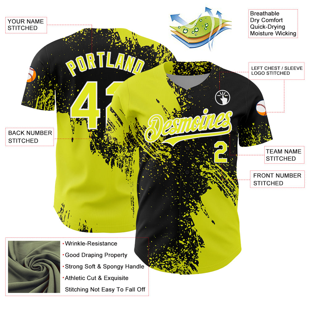 Custom Neon Yellow Black-White 3D Pattern Design Abstract Brush Stroke Authentic Baseball Jersey