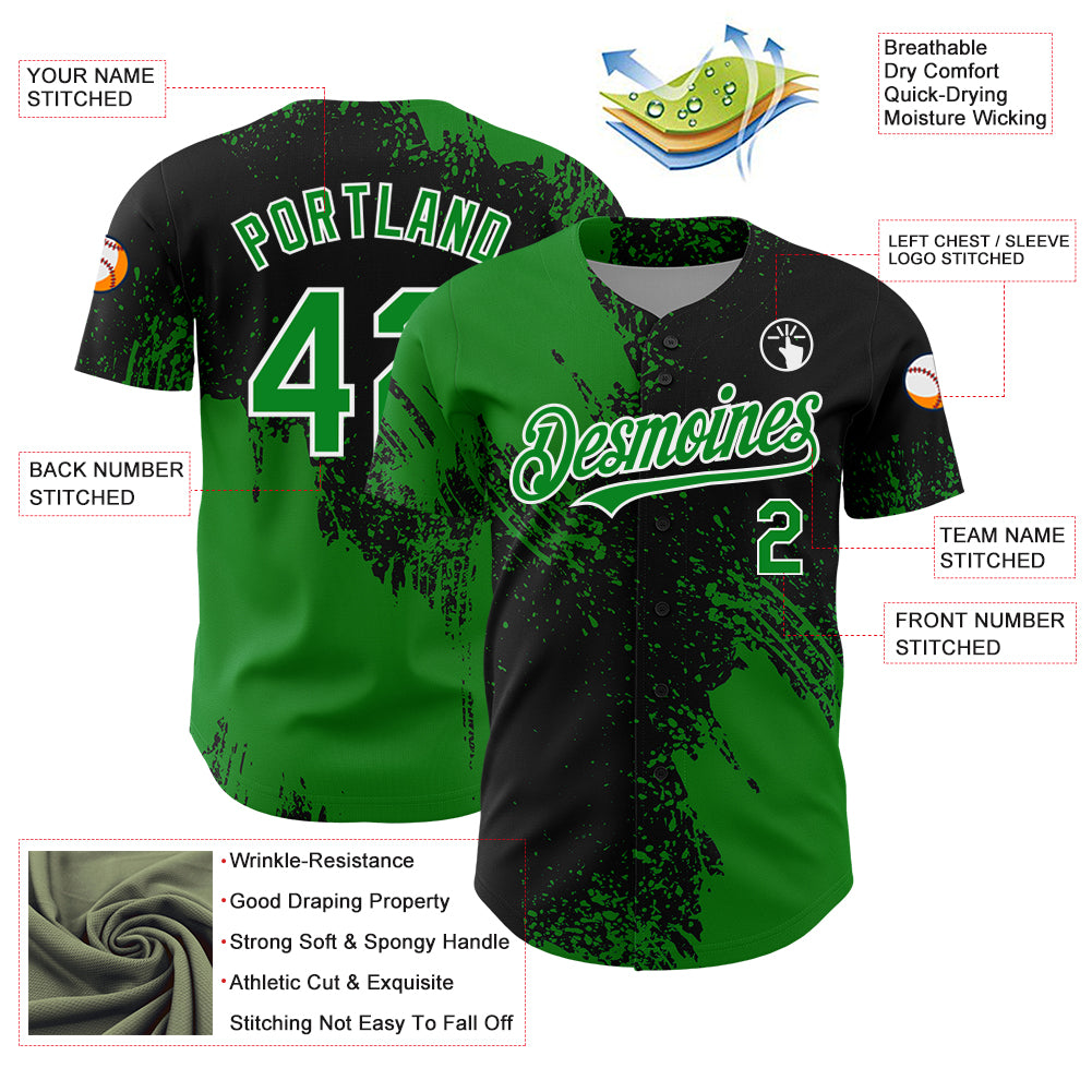 Custom Grass Green Black-White 3D Pattern Design Abstract Brush Stroke Authentic Baseball Jersey