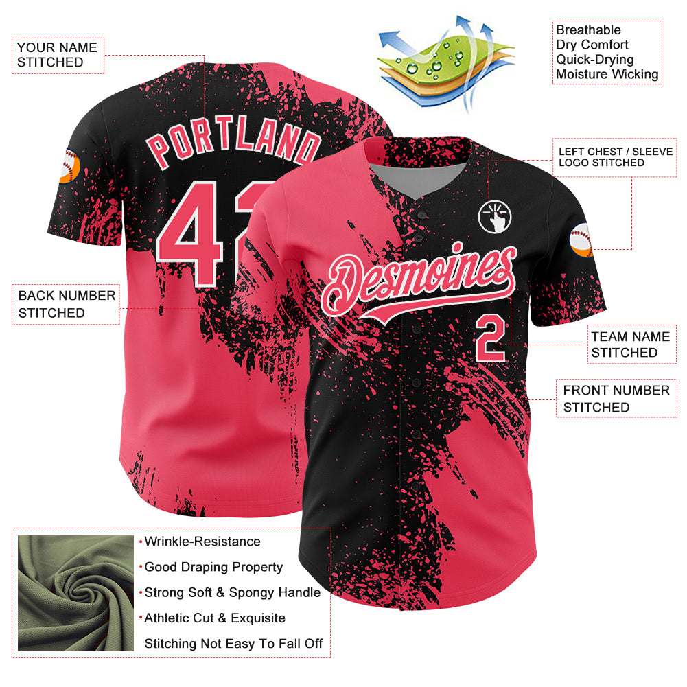 Custom Neon Pink Black-White 3D Pattern Design Abstract Brush Stroke Authentic Baseball Jersey