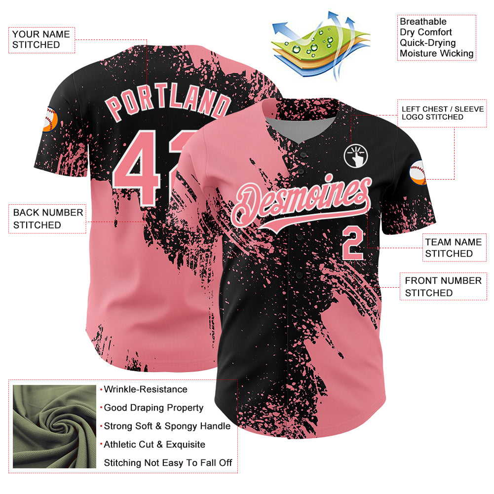 Custom Medium Pink Black-White 3D Pattern Design Abstract Brush Stroke Authentic Baseball Jersey