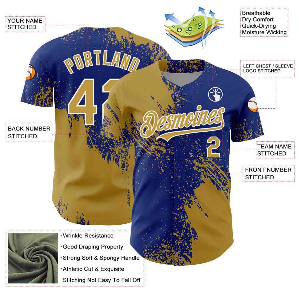 Custom Old Gold Royal-White 3D Pattern Design Abstract Brush Stroke Authentic Baseball Jersey