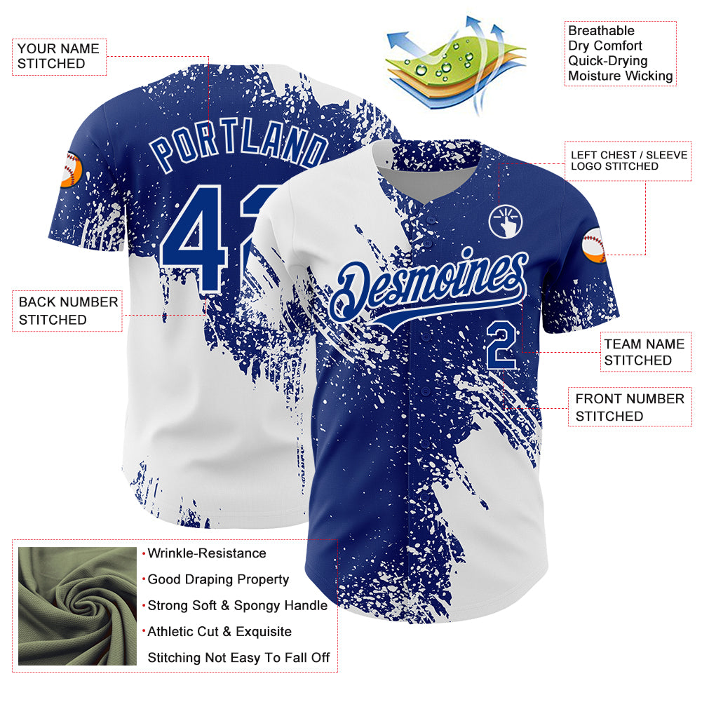 Custom White Royal 3D Pattern Design Abstract Brush Stroke Authentic Baseball Jersey