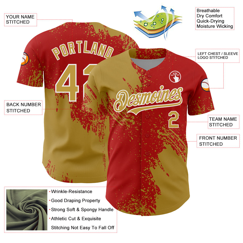 Custom Old Gold Red-White 3D Pattern Design Abstract Brush Stroke Authentic Baseball Jersey