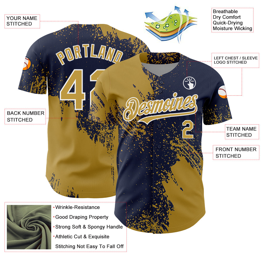Custom Old Gold Navy-White 3D Pattern Design Abstract Brush Stroke Authentic Baseball Jersey