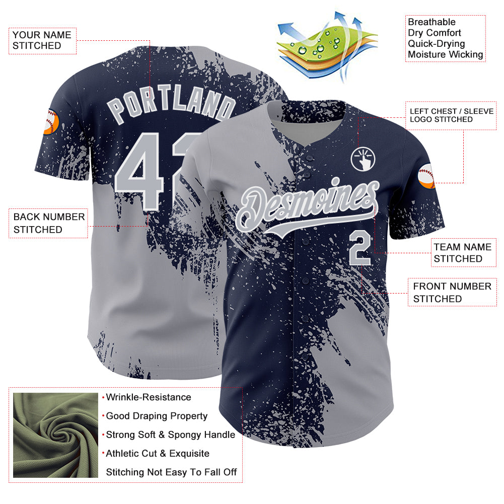 Custom Gray Navy-White 3D Pattern Design Abstract Brush Stroke Authentic Baseball Jersey