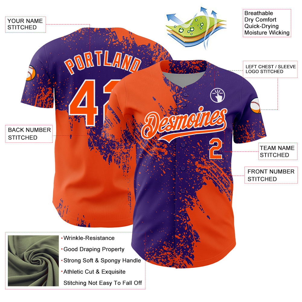 Custom Orange Purple-White 3D Pattern Design Abstract Brush Stroke Authentic Baseball Jersey