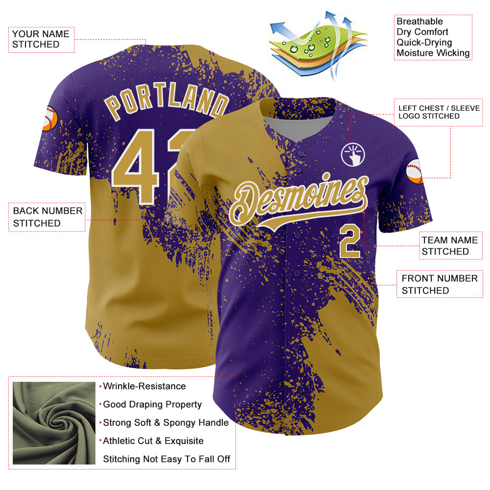 Custom Old Gold Purple-White 3D Pattern Design Abstract Brush Stroke Authentic Baseball Jersey