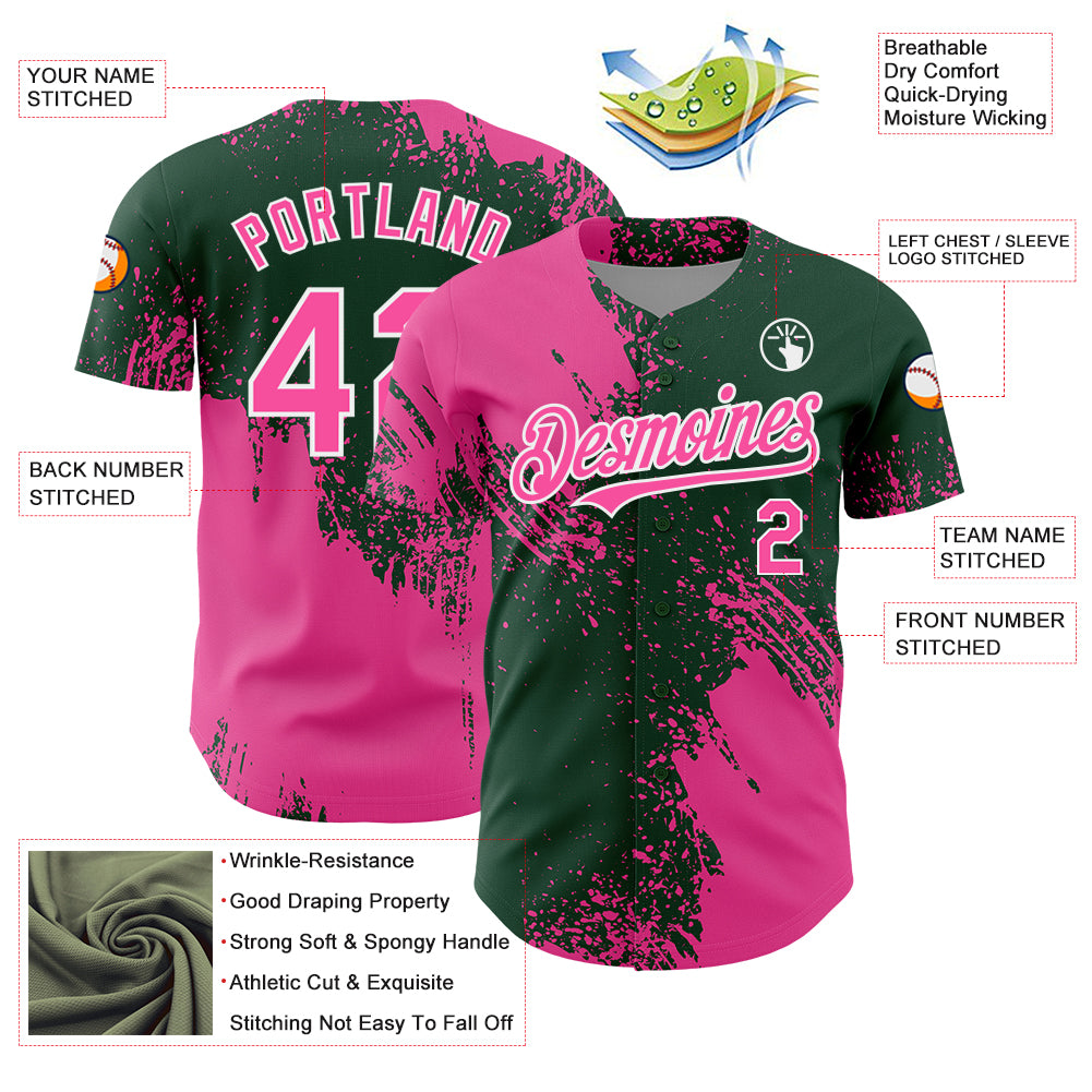 Custom Pink Green-White 3D Pattern Design Abstract Brush Stroke Authentic Baseball Jersey