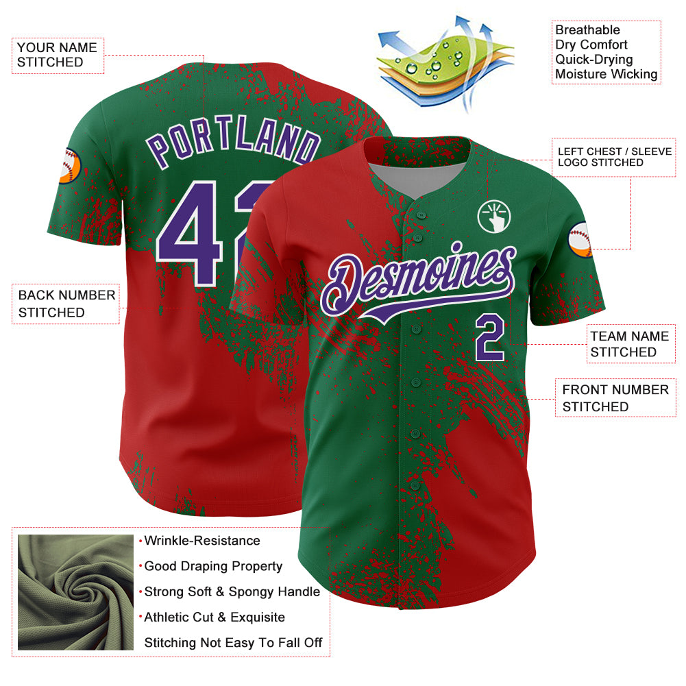 Custom Red Purple Kelly Green-White 3D Pattern Design Abstract Brush Stroke Authentic Baseball Jersey
