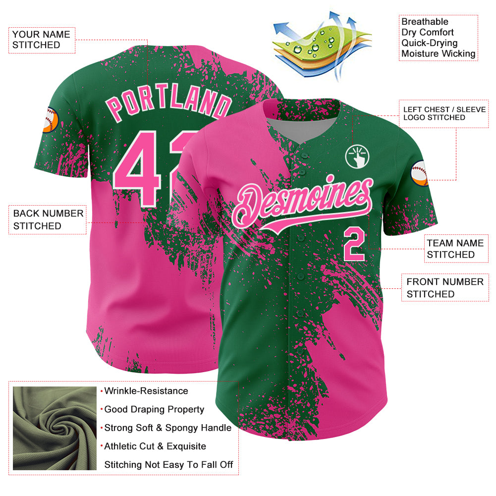 Custom Pink Kelly Green-White 3D Pattern Design Abstract Brush Stroke Authentic Baseball Jersey