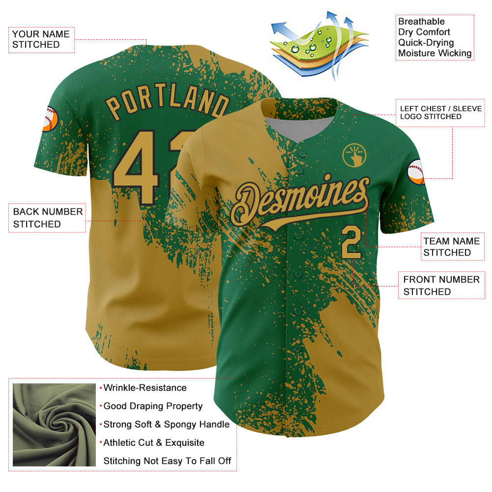 Custom Old Gold Kelly Green-Black 3D Pattern Design Abstract Brush Stroke Authentic Baseball Jersey