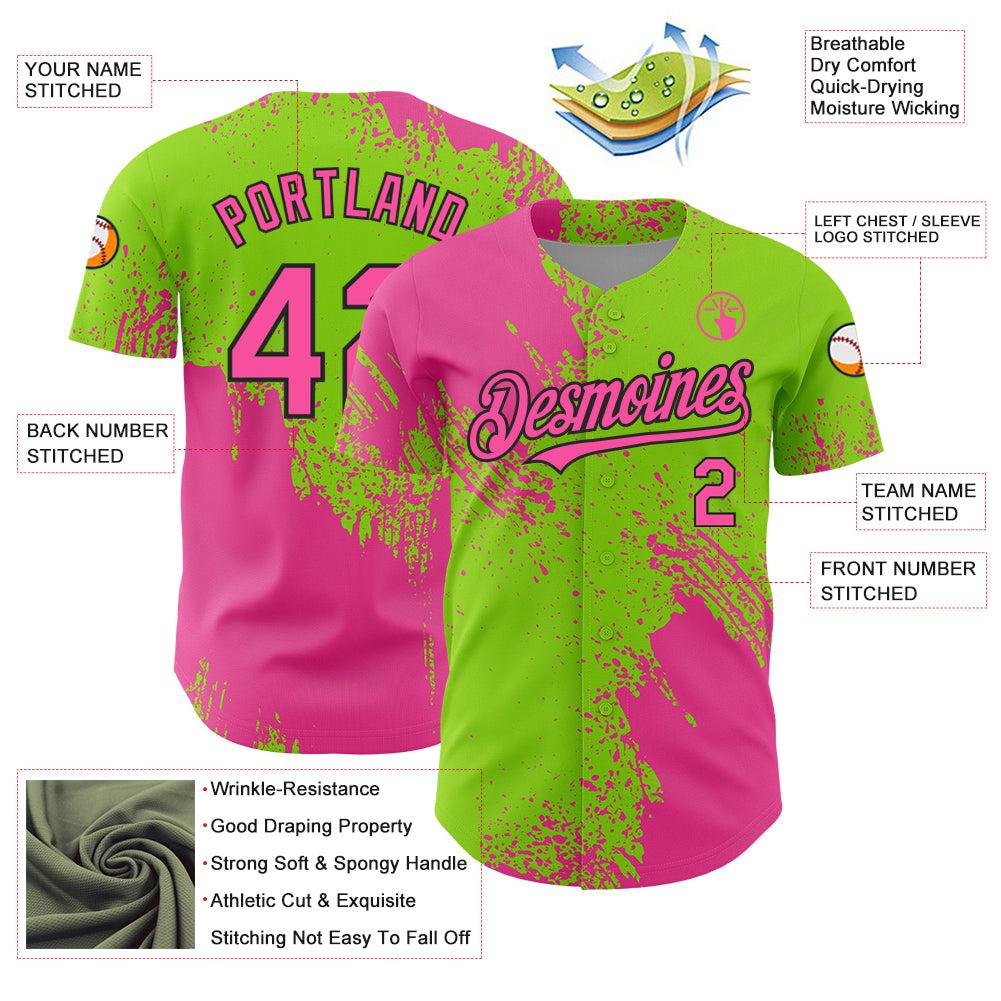 Custom Pink Neon Green-Black 3D Pattern Design Abstract Brush Stroke Authentic Baseball Jersey
