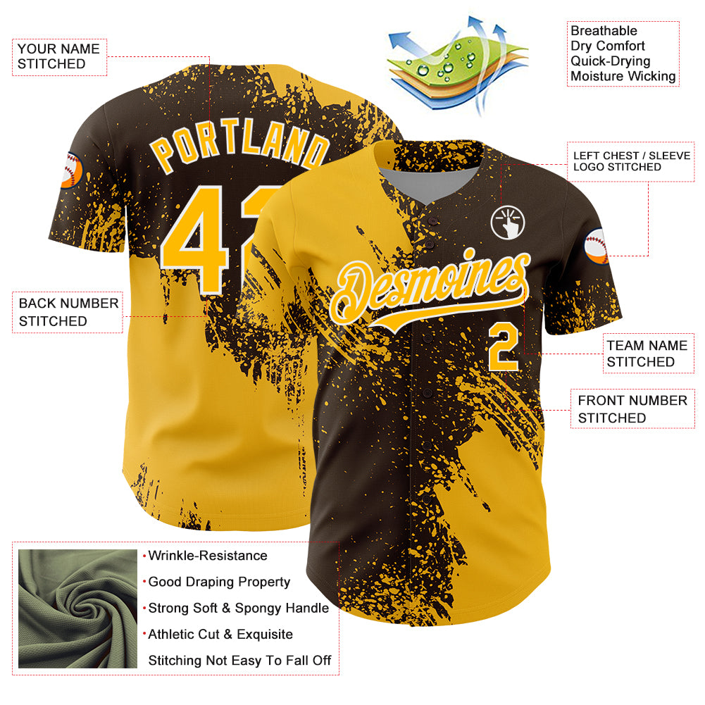 Custom Gold Brown-White 3D Pattern Design Abstract Brush Stroke Authentic Baseball Jersey