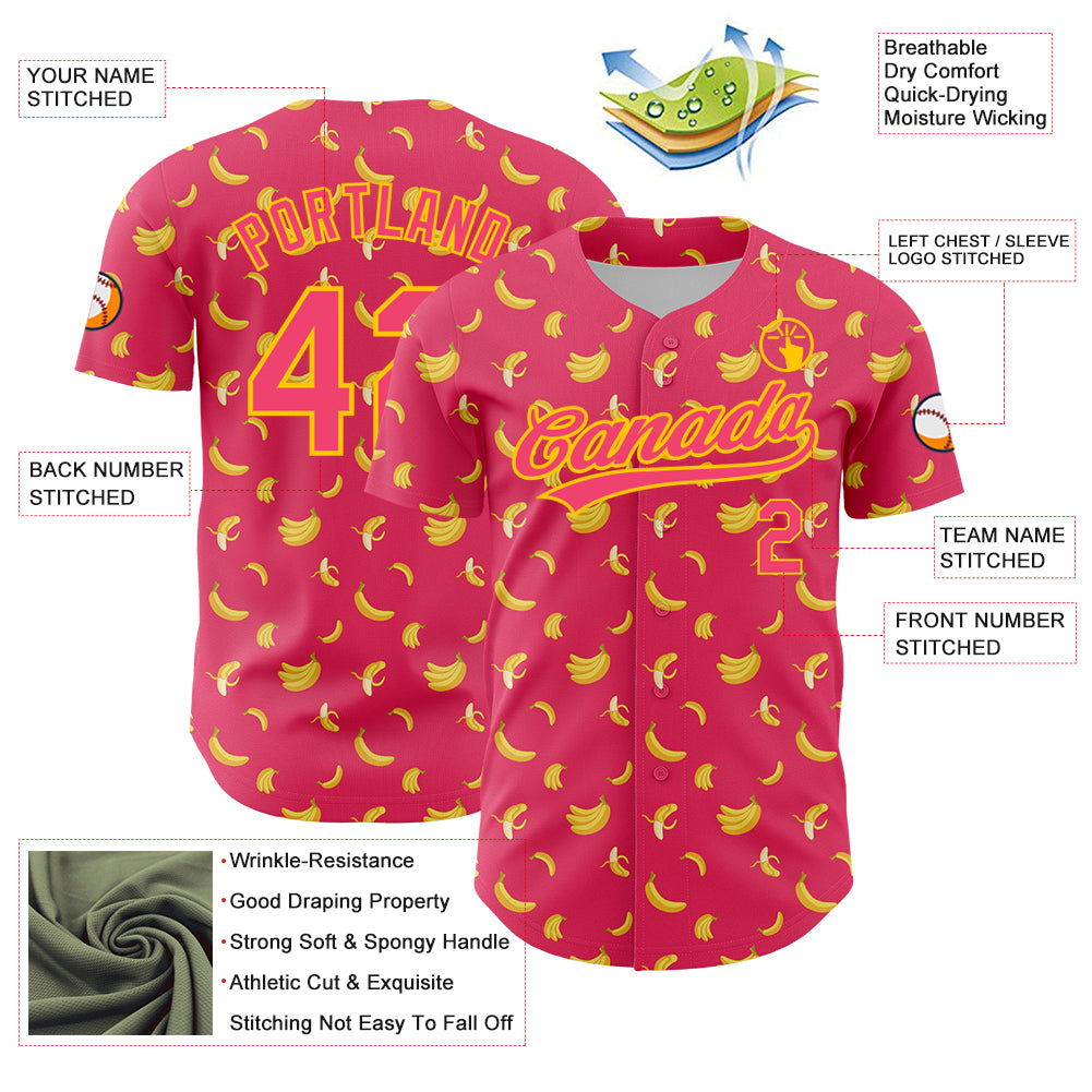 Custom Neon Pink Yellow 3D Pattern Design Fruit Banana Authentic Baseball Jersey