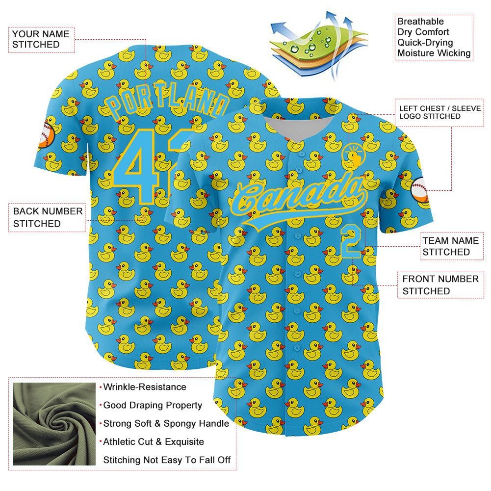 Custom Sky Blue Yellow 3D Pattern Design Animal Duck Authentic Baseball Jersey
