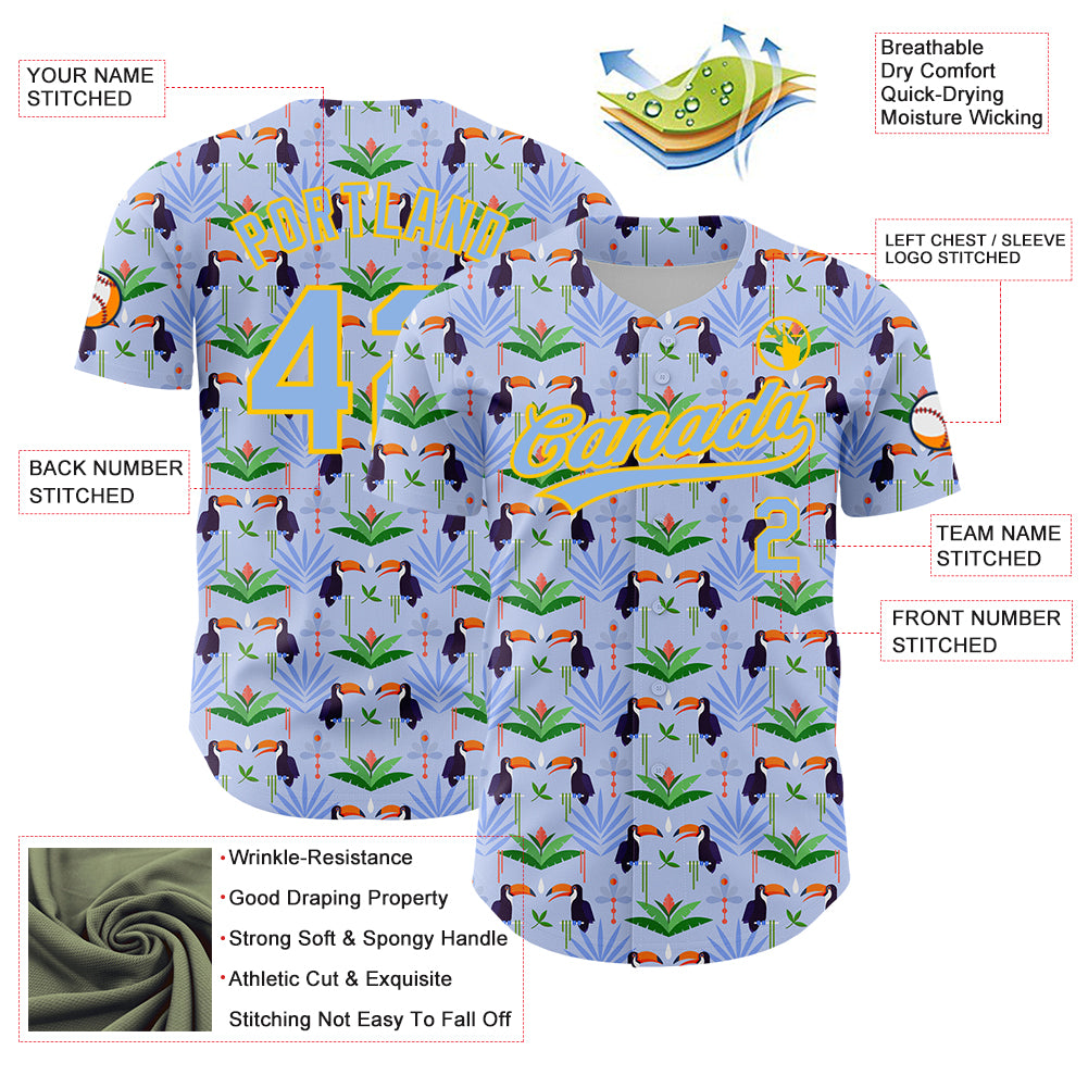 Custom Light Blue Yellow 3D Pattern Design Animal Toucan And Tropical Hawaii Palm Leaves Authentic Baseball Jersey