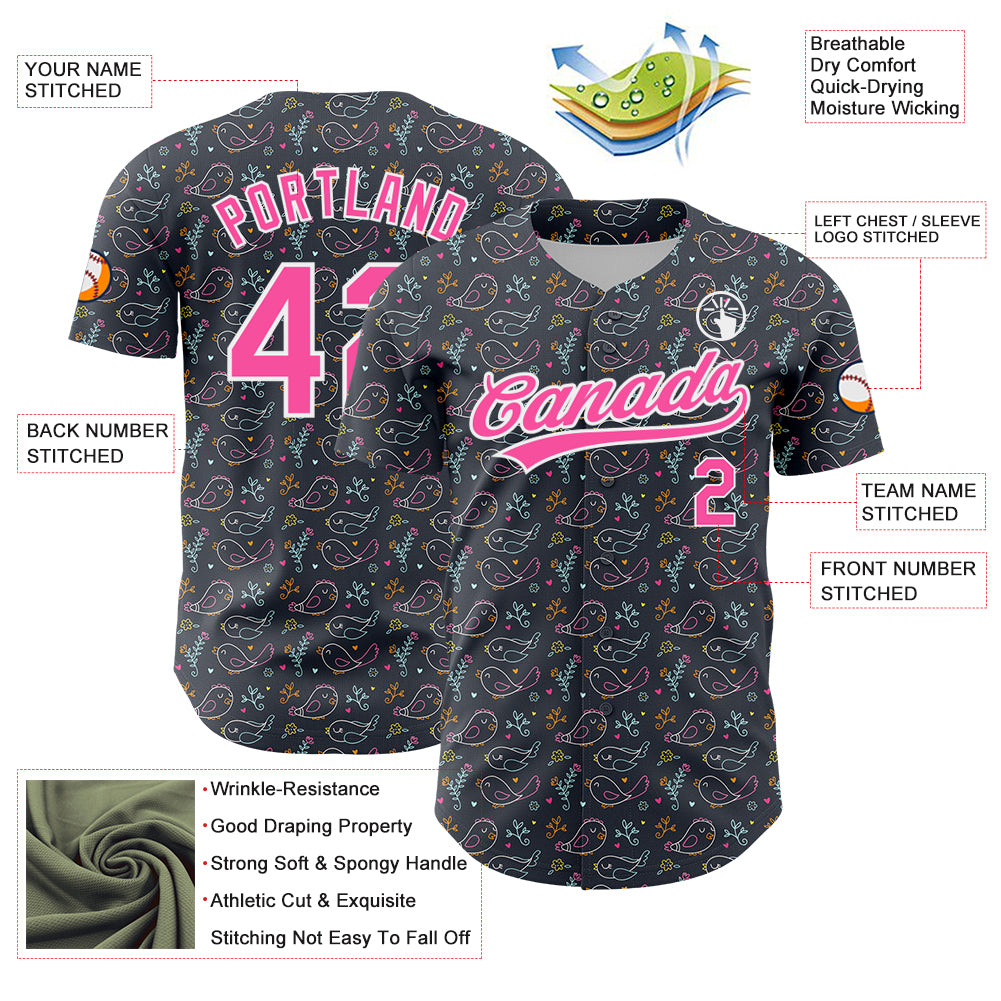 Custom Navy Pink-White 3D Pattern Design Animal Bird Authentic Baseball Jersey