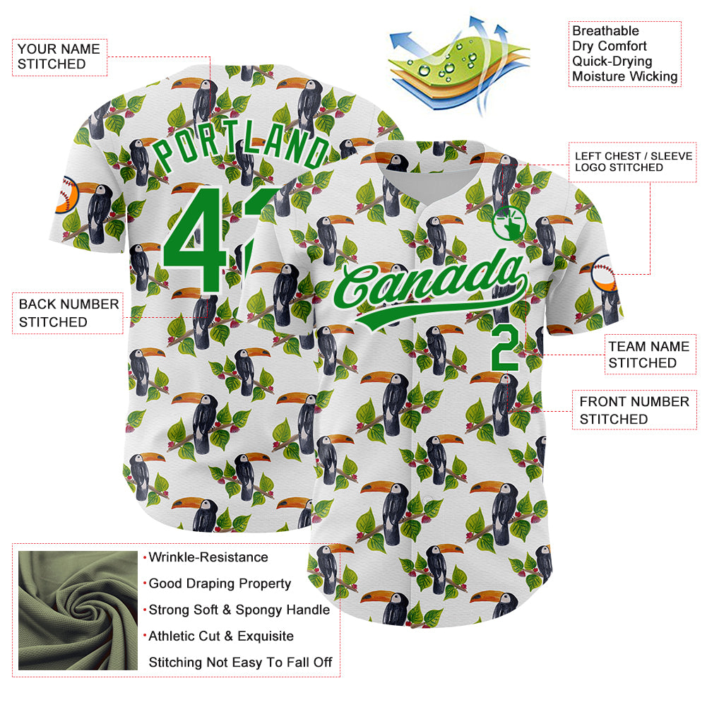 Custom White Grass Green 3D Pattern Design Animal Toucan And Tropical Hawaii Palm Leaves Authentic Baseball Jersey