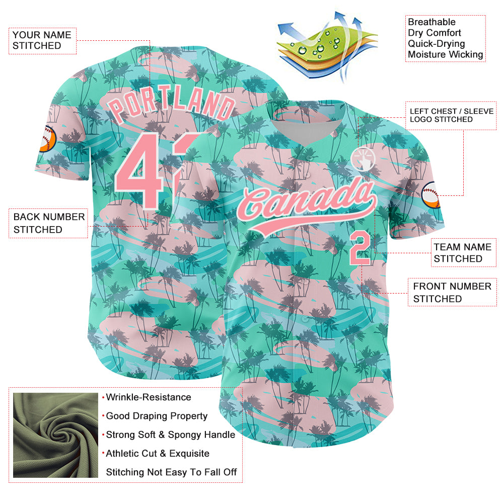 Custom Green Medium Pink-White 3D Pattern Design Tropical Hawaii Palm Trees Authentic Baseball Jersey