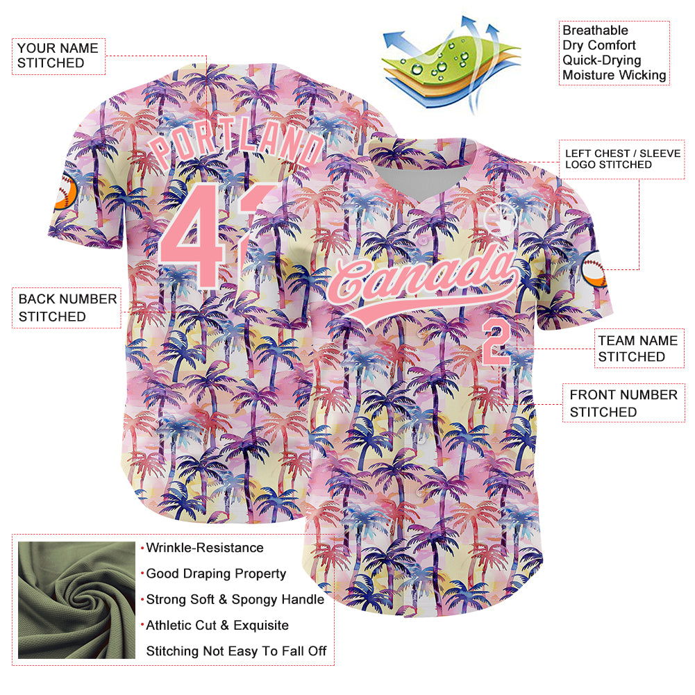 Custom Medium Pink White 3D Pattern Design Tropical Hawaii Palm Trees Authentic Baseball Jersey
