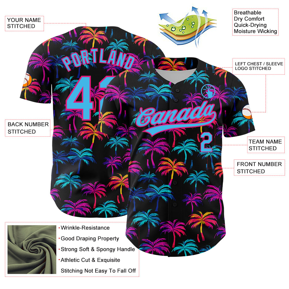 Custom Black Sky Blue-Hot Pink 3D Pattern Design Tropical Hawaii Palm Trees Authentic Baseball Jersey